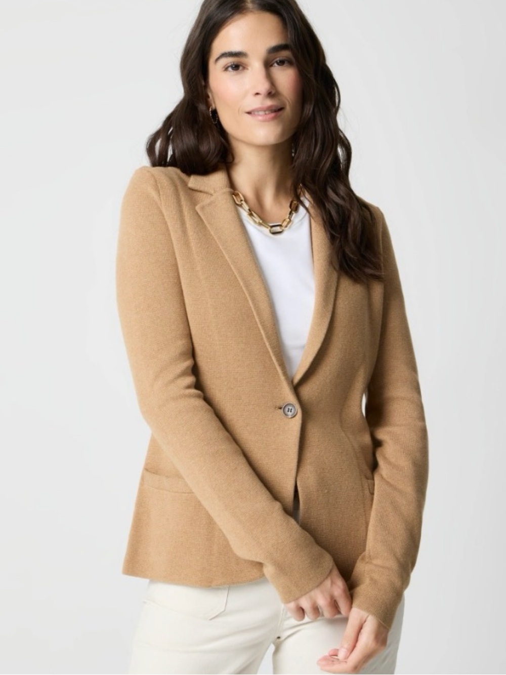 J. CREW Schoolboy Sweater Blazer Camel Tan Cotton Knit Jacket Classic Size M
